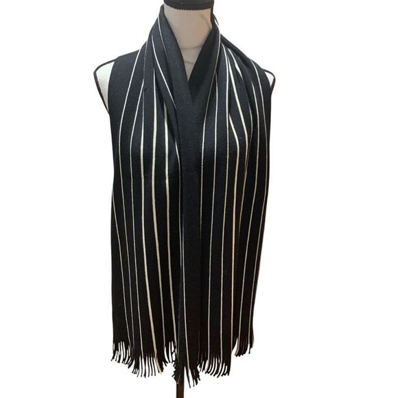 Vintage Men’s Scarf German-Made All Wool Fringed Black w/ White Stripes 14”x58” - Picture 3 of 4